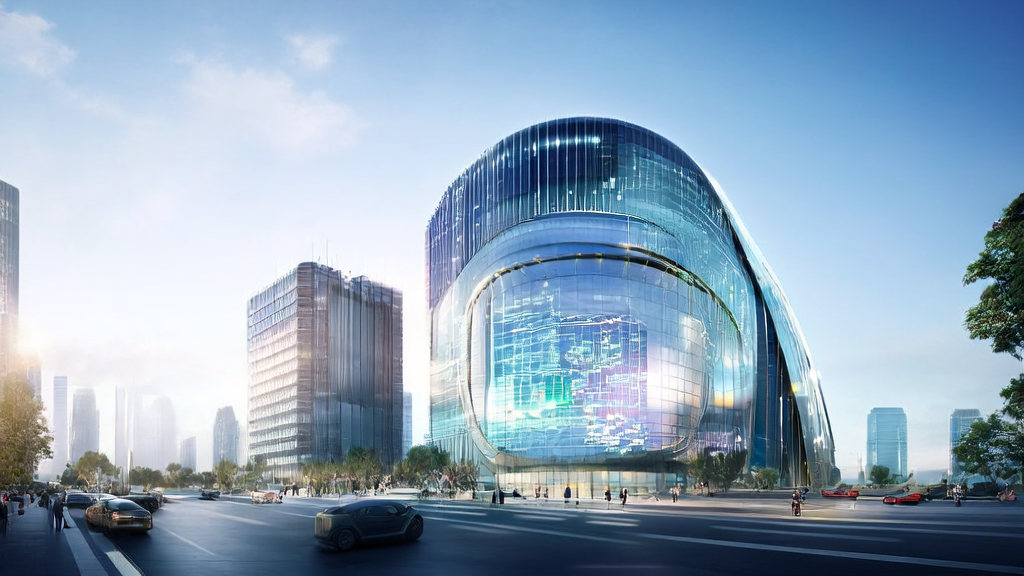未来城市的高科技大厦展示AI驱动的客户获取解决方案