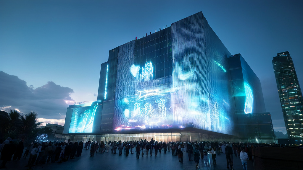 Holographic screen showcasing AI technology applications in front of a tech company building in a futuristic city