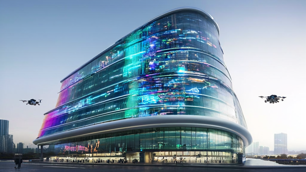 In a high-tech skyscraper of a future city, intelligent robots and multi-modal data management systems demonstrate the application of AI technology in customer acquisition.