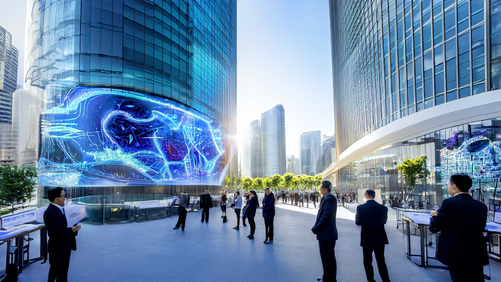 Tech experts in a modern city discussing AI-based customer data cleaning services and the MiniMax AI agent remix market platform
