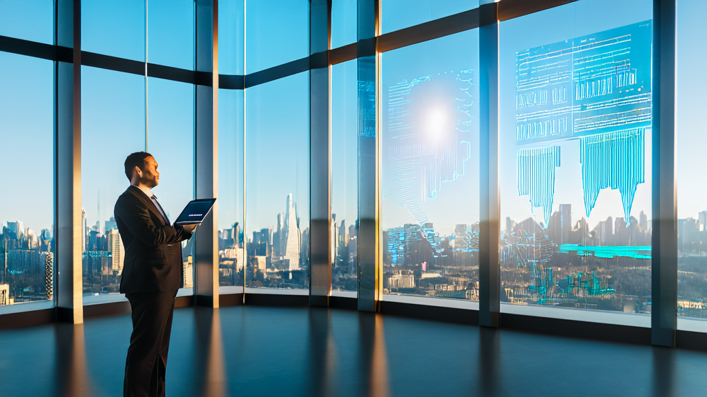 Business professional using AI technology for customer acquisition analysis in a modern office