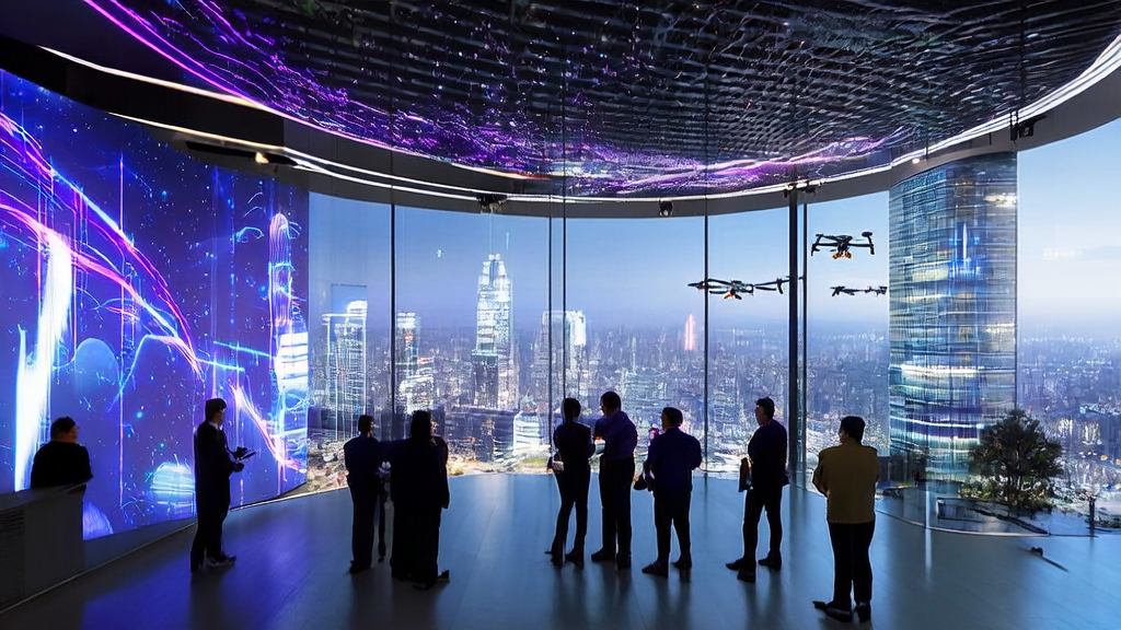 中小企业主围坐在一起，通过智能屏幕利用AI技术提升获客效率，拓展国际市场。