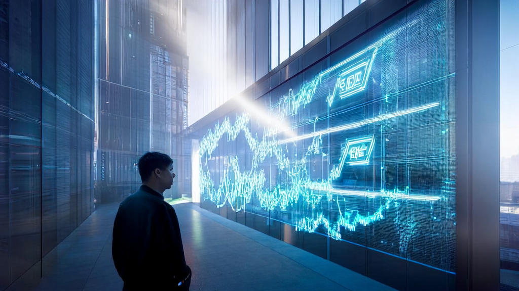 In a modern office in a futuristic city, young entrepreneurs use AI customer prediction models for precise customer acquisition.