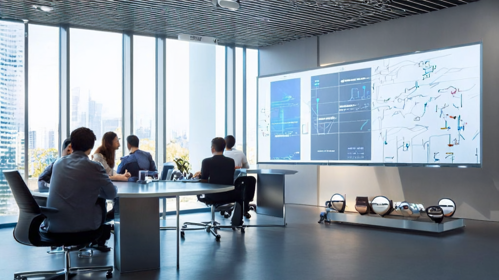 In a modern office, employees are discussing AI-optimized advertising strategies, with Apple product displays and data analysis charts in the background.