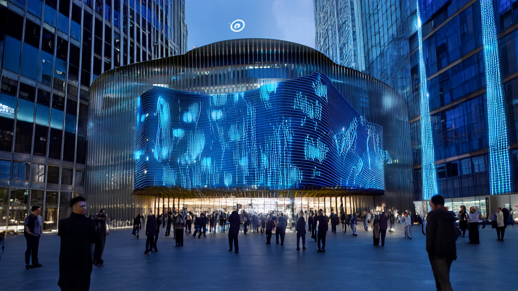 在未来城市的科技公司前，展示AI获客和广告优化技术的电子屏幕吸引着人群讨论。