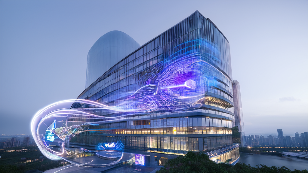 未来城市的办公楼内展示了AI客户预测模型的工作原理，强调精准营销和小米AI战略。