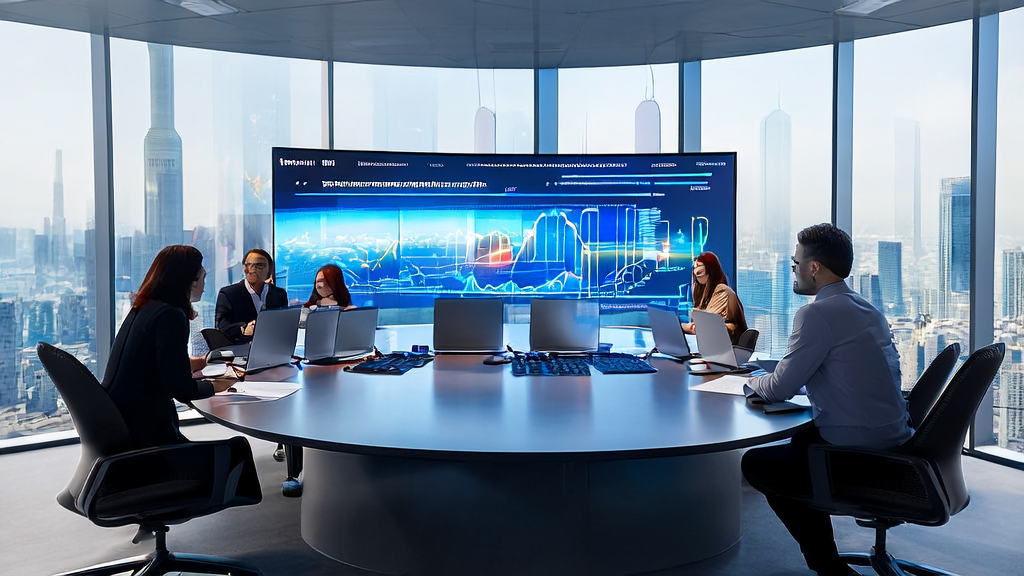 阿里云AI获客系统助力外贸企业实现数字化转型，展示实时数据分析和城市天际线背景的现代化办公室场景