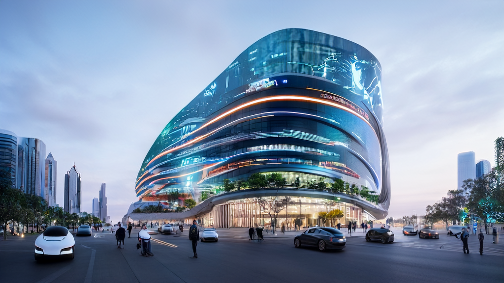 High-tech building in a futuristic city showcasing AI-driven customer acquisition solutions