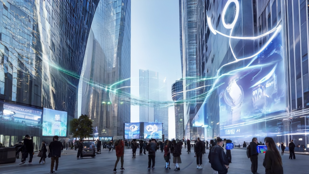 In a futuristic city, people interact with ChatGPT via smart devices, with ads seamlessly integrated into daily life, showcasing the new era of AI-driven customer acquisition.