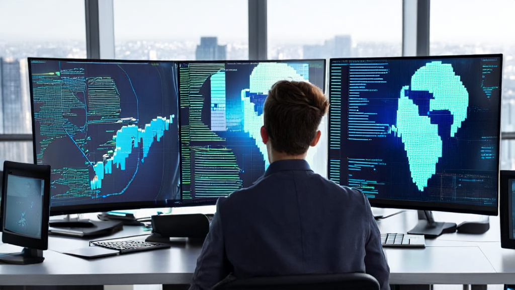 An entrepreneur using Claude Web Search API for efficient client acquisition in a modern office with city skyline in the background
