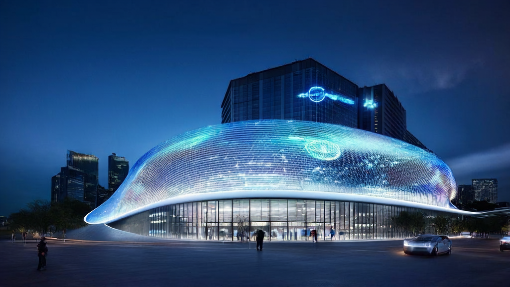 A modern office building in the future business world, showcasing the new era of AI-driven customer acquisition through Foxconn and OpenAI collaboration