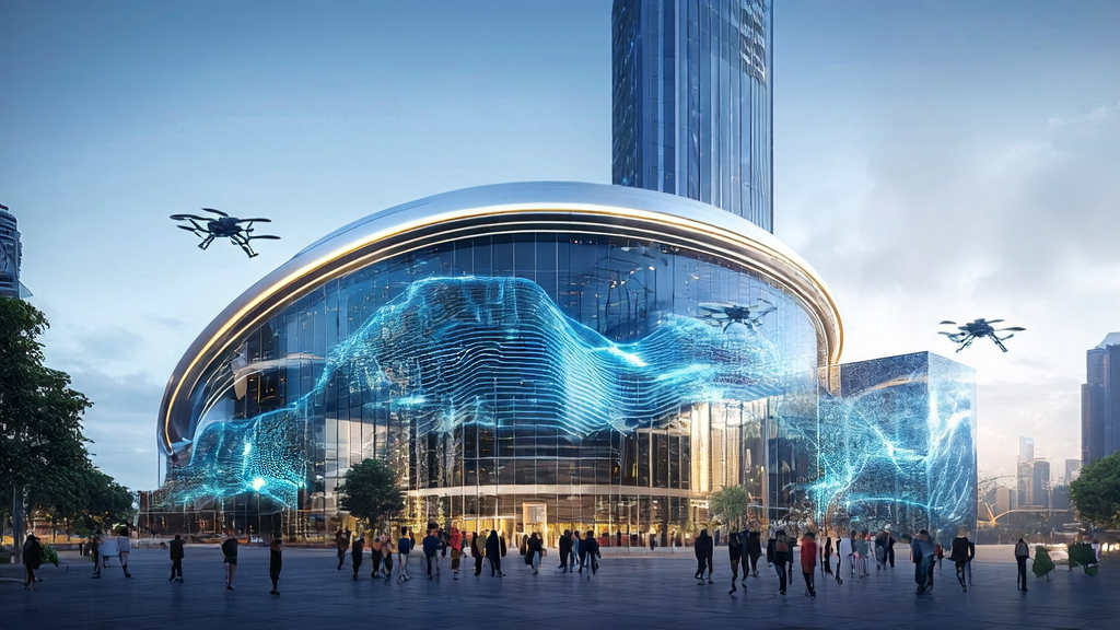 A modern office building in a futuristic city, with a large screen displaying global cross-border e-commerce data and drones delivering packages, symbolizing the new momentum injected by AI technology into cross-border commerce.