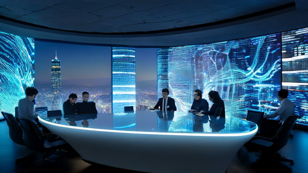 In a futuristic office, tech professionals are discussing AI applications in cross-border commerce, with the illuminated Amazon headquarters visible outside.