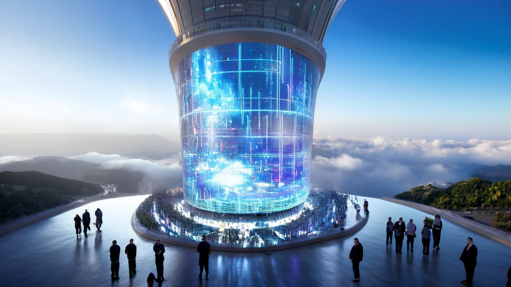 未来城市的现代化办公楼内，创业者们利用阿里云析言 XiYan-SQL 实现高效获客与个性化营销。