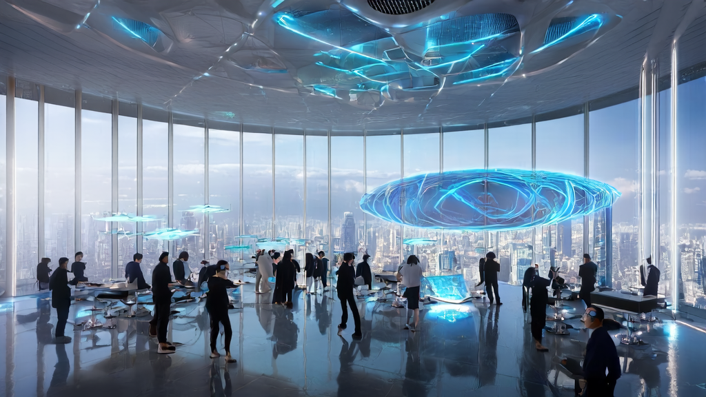 未来城市的现代化办公楼内，创业者们利用AI技术进行跨境电商自动化营销，提升获客效率和转化率。