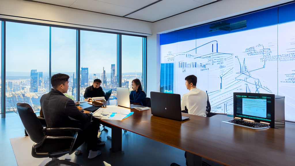 In a sunny office, engineers are discussing the application of AI technology in efficient customer acquisition, with the Microsoft Phi-4-mini model on the table.