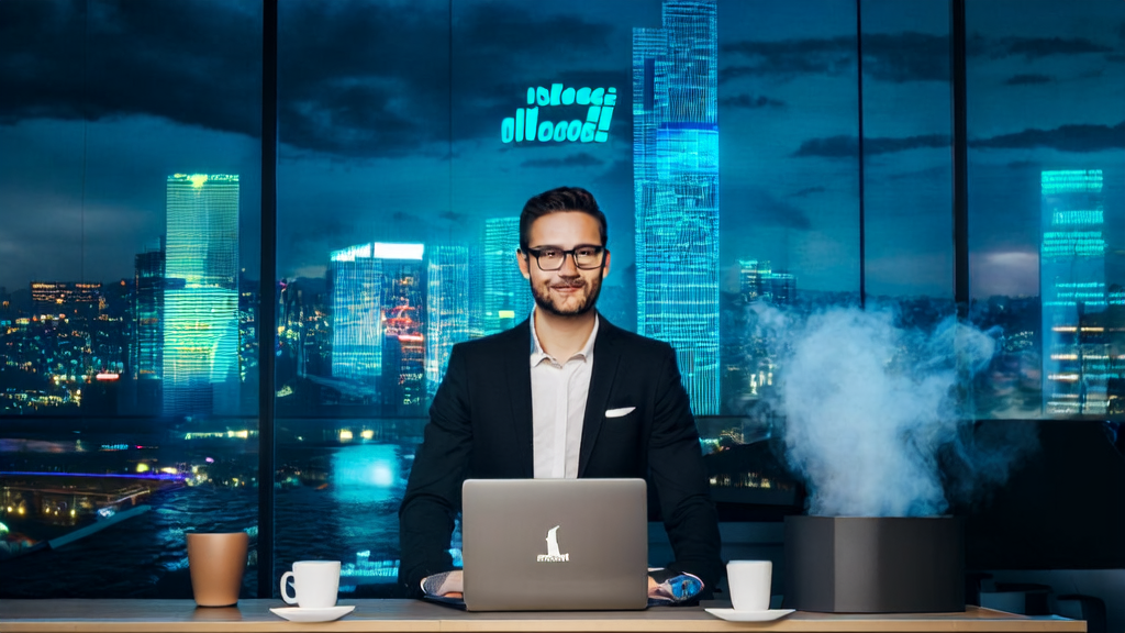 An entrepreneur in a modern office using Gemini API to explore LinkedIn customer resources, with a city skyline in the background.
