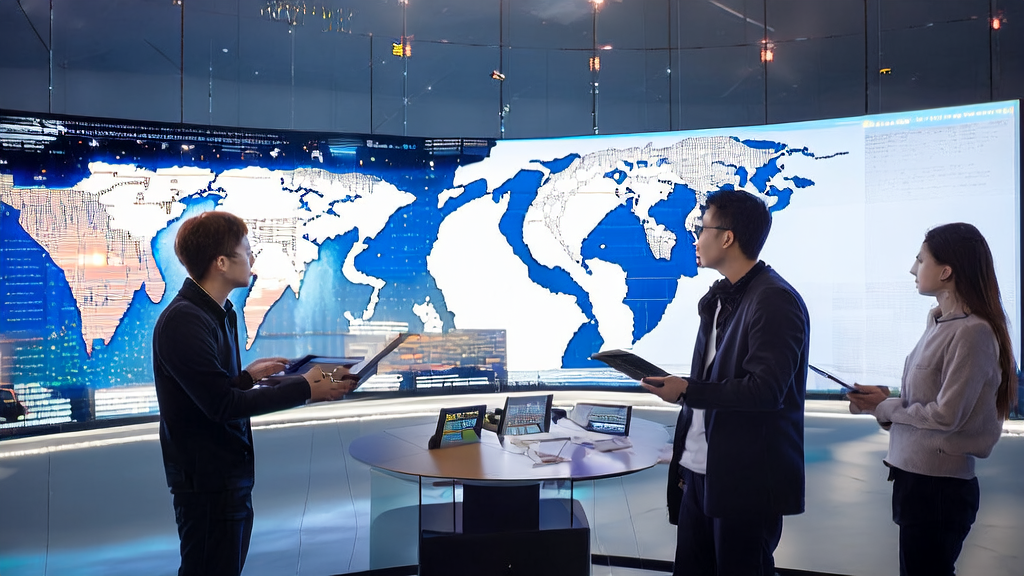 未来科技城市的办公空间内,团队正在讨论如何利用多语言AI邮件生成器和Rivian自研AI芯片实现全球市场的高效获客。