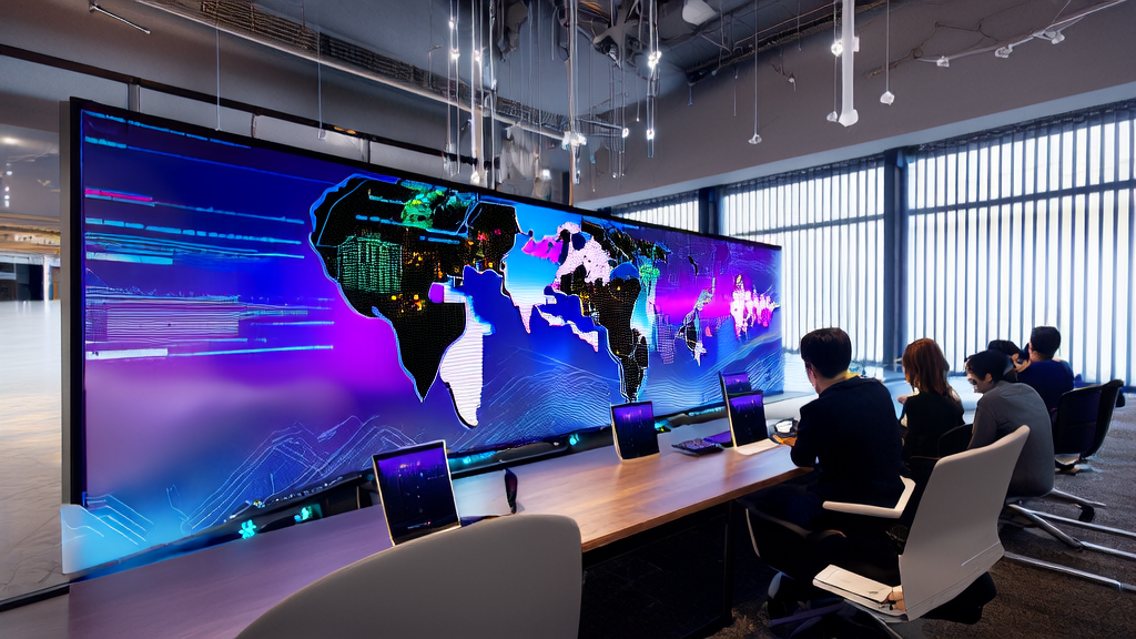 In a modern office, entrepreneurs use AI technology to analyze global market data and improve customer acquisition efficiency.
