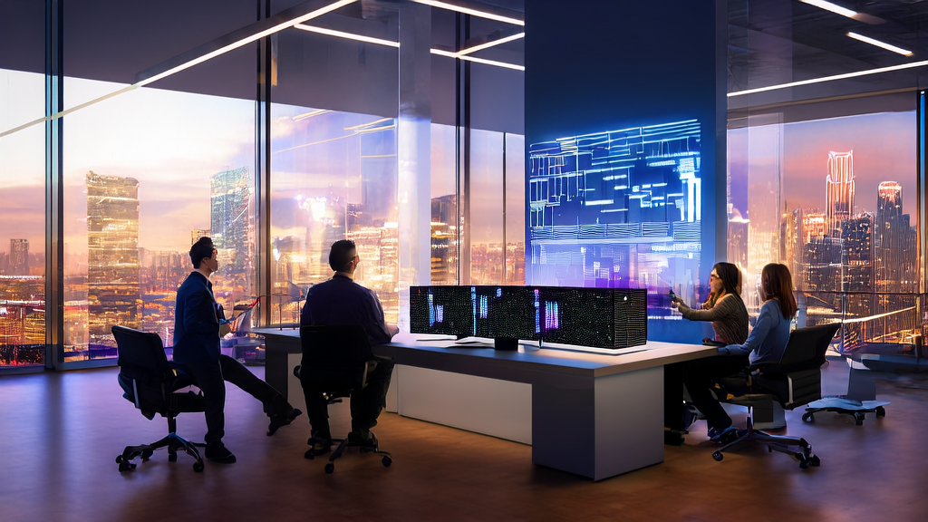 Entrepreneurs in a modern office discussing AI-based high conversion email strategies, with a city skyline and an AMD-Brium collaboration poster in the background