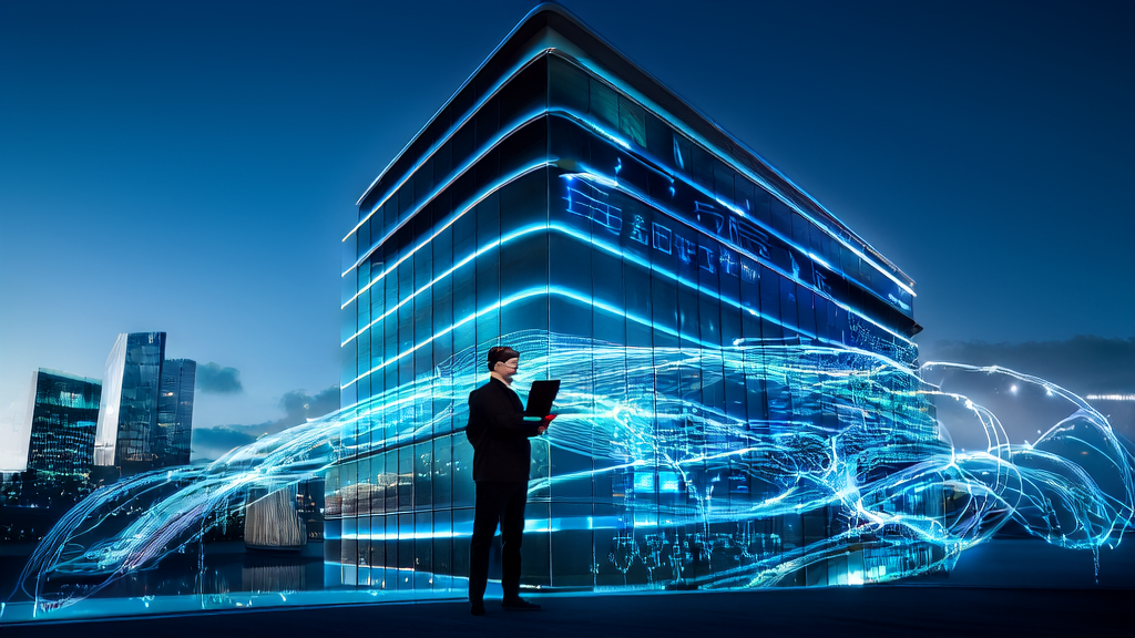 A young entrepreneur stands in front of a futuristic office building, leveraging AI technology for customer acquisition