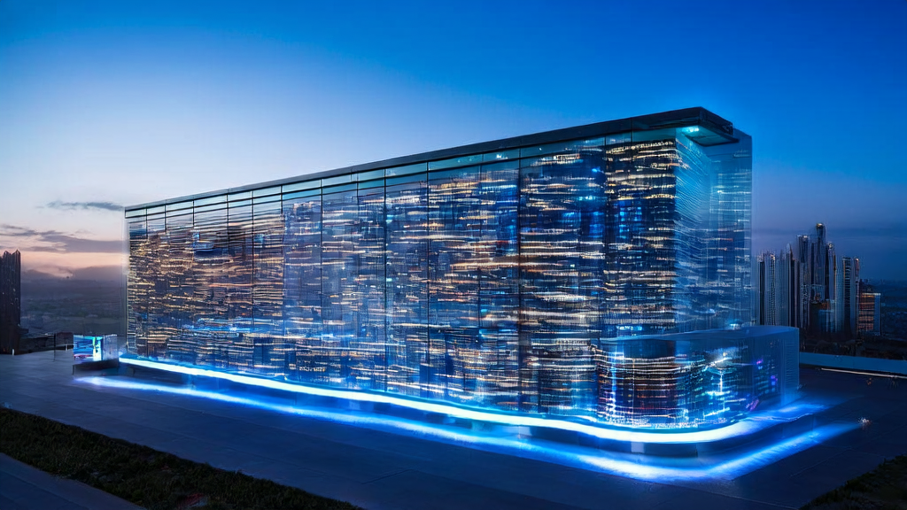 Modern office building in a futuristic city where technicians use Llamafile and Qwen3 for efficient customer data processing