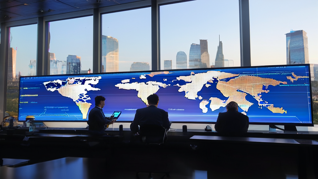 工程师们正在通过海关数据分析挖掘潜在客户，窗外是繁华的城市天际线