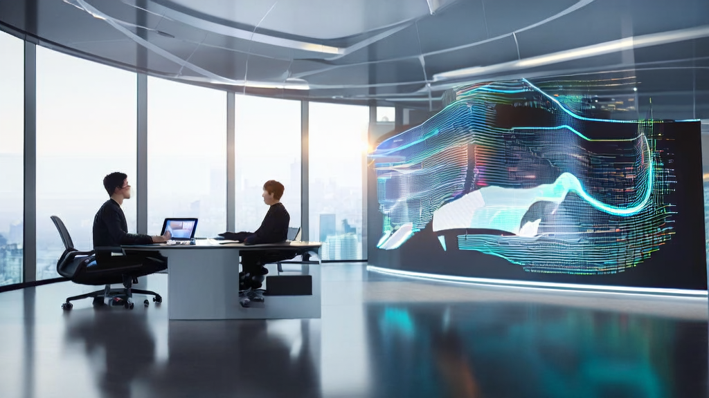 未来办公室中，营销经理使用Claude Code插件系统进行实时个性化邮件营销