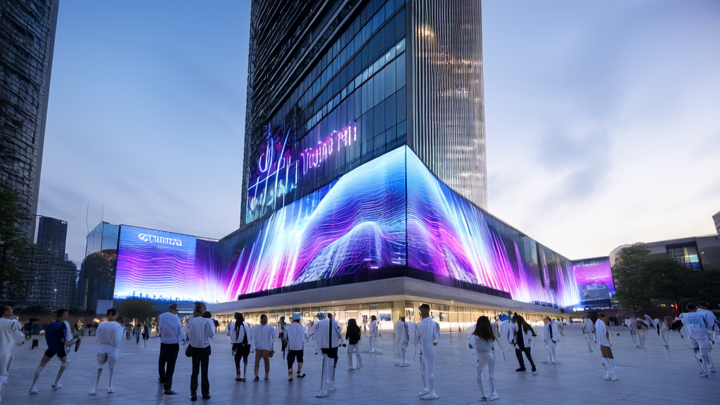 In a futuristic city, engineers gather around a screen displaying the MiMo-Embodied model by Xiaomi, while an AI robot interacts with customers to identify potential clients.