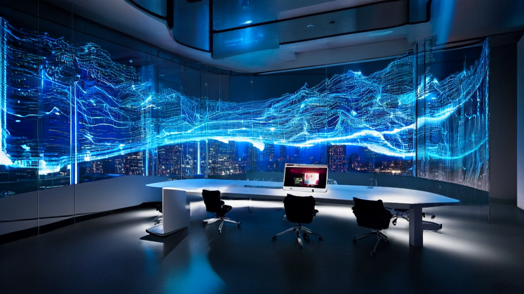 A futuristic office showcasing the application of AI technology in ad targeting and customer acquisition, highlighting the powerful performance of the Apple M5 chip.