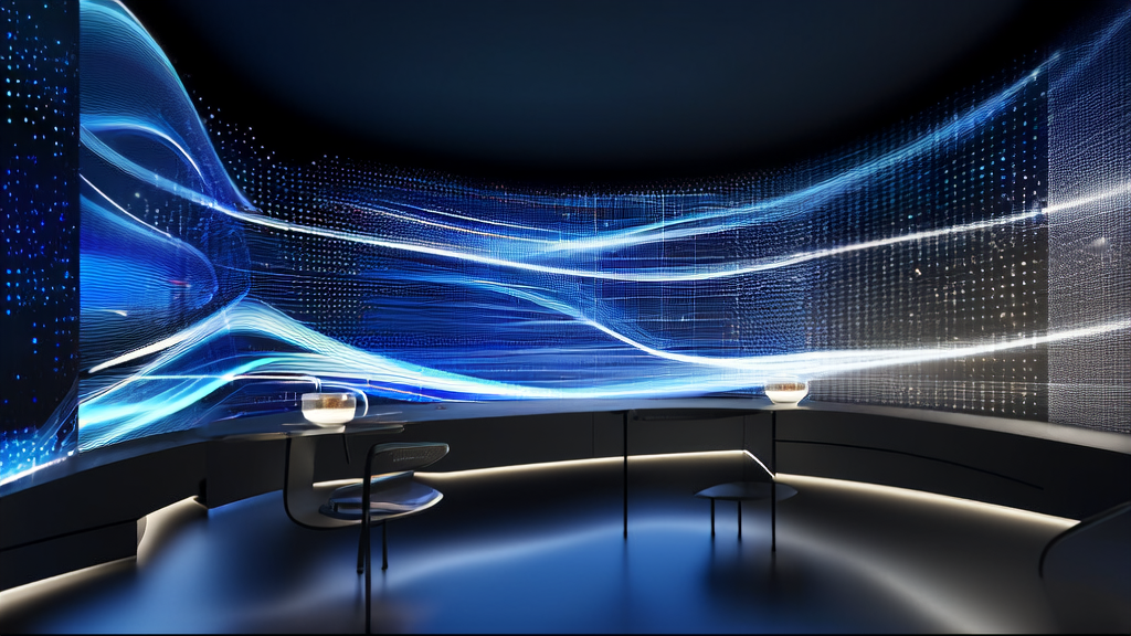 Futuristic office showcasing AI customer acquisition and the success of VolcEngine's Dabaodamo model