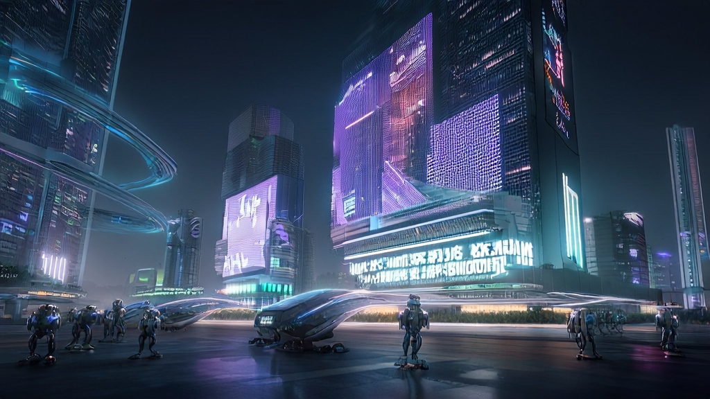 Nighttime in a futuristic city with AI robots navigating between skyscrapers, showcasing the new era of AI acquisition