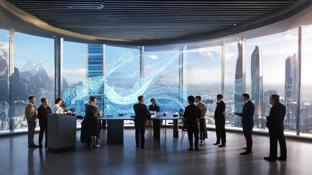Business leaders in a futuristic city discussing how to enhance customer acquisition using AI technology