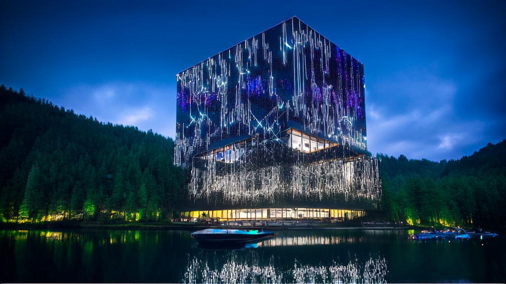 A modern office building with a data lake showcasing AI acquisition technology and customer data collection systems in operation