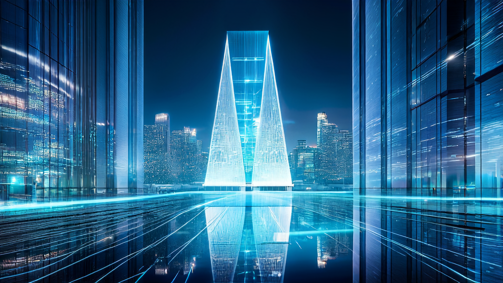 The heart of a futuristic city, where data centers and AI technology integrate to achieve efficient customer acquisition
