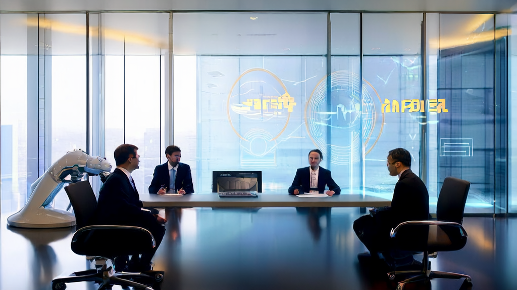 In a modern office of a futuristic city, professionals discuss AI-driven customer acquisition solutions while displaying Musk's views on AI solving population crises.