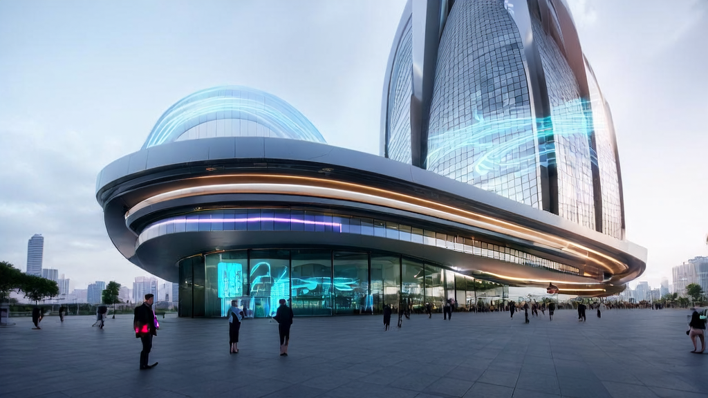 未来城市的高科技办公楼，创业者使用Opera Neon浏览器进行智能任务管理，阳光洒在现代化建筑上。