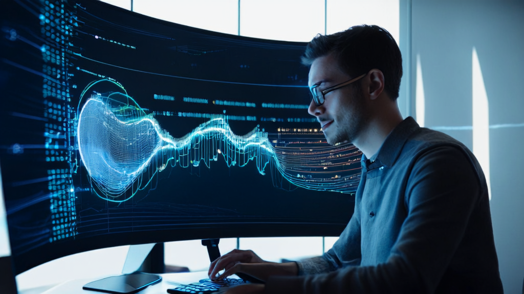A young entrepreneur in a modern office is using the Youtu-Agent framework for intelligent customer acquisition, with a large screen displaying statistics on improved acquisition efficiency.