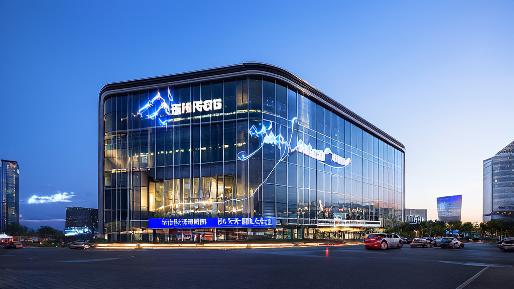 现代办公楼展示AI获客和数据清洗服务，配以智能屏幕和科技灯光效果