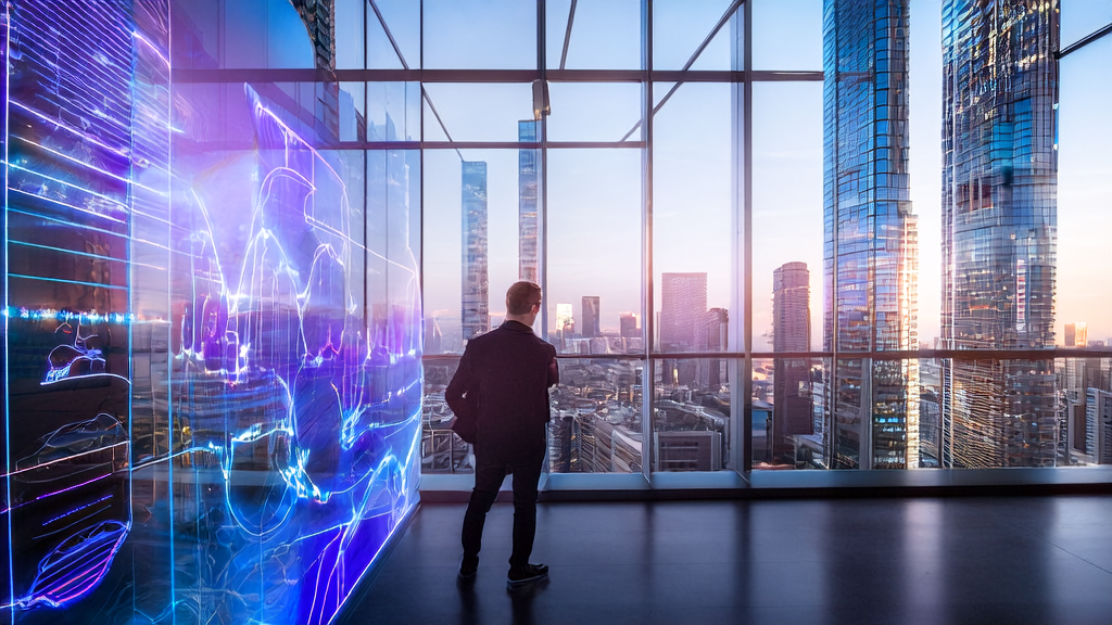 未来城市中，创业者利用AI语音助手分析客户行为，优化获客路径