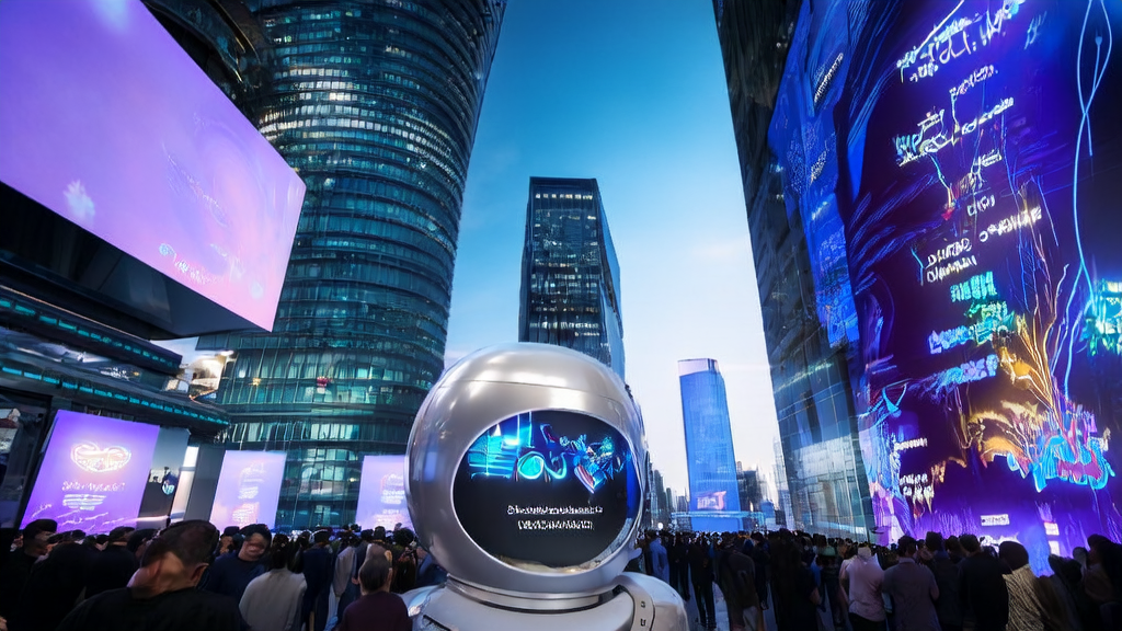 Smart robot in a futuristic city interacts with global customers using multilingual AI content generation technology