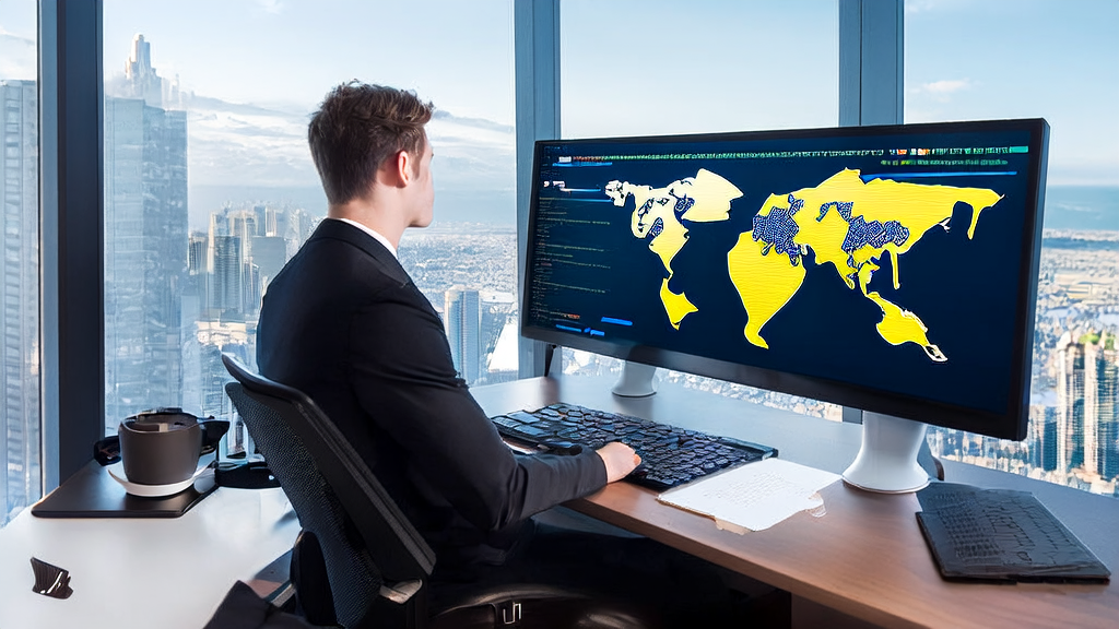 An entrepreneur in a modern office using NVIDIA Audio-SDS technology to analyze LinkedIn customer data, exploring new AI acquisition strategies.