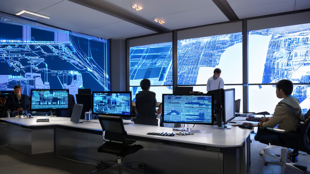 A modern tech office with large windows letting in sunlight, where programmers are developing AI acquisition strategies.