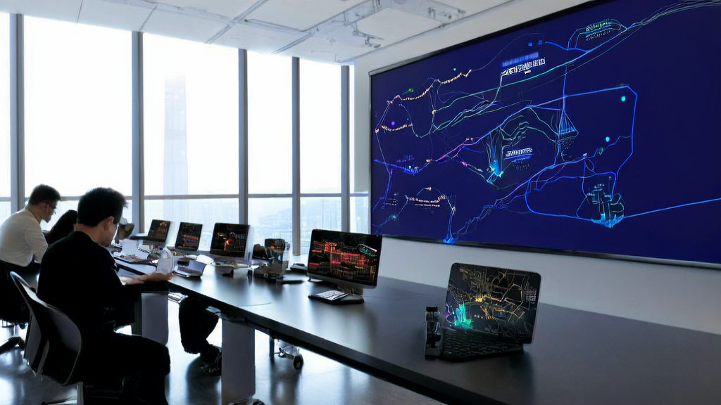 Employees in a modern office utilizing AI technology for efficient customer acquisition, with an AI process diagram on the wall and an NVIDIA GPU model and laptop running AI-generated content on the desk.