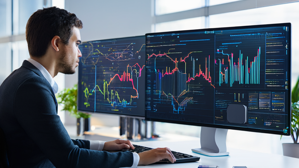 A modern office with sunlight, where an entrepreneur focuses on AI-based customer data analysis