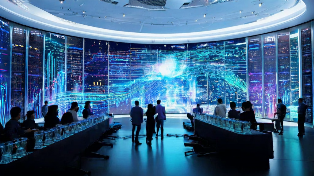 A futuristic office scene showcasing AI optimization in email marketing, with a tech team collaborating with a virtual assistant to analyze customer data
