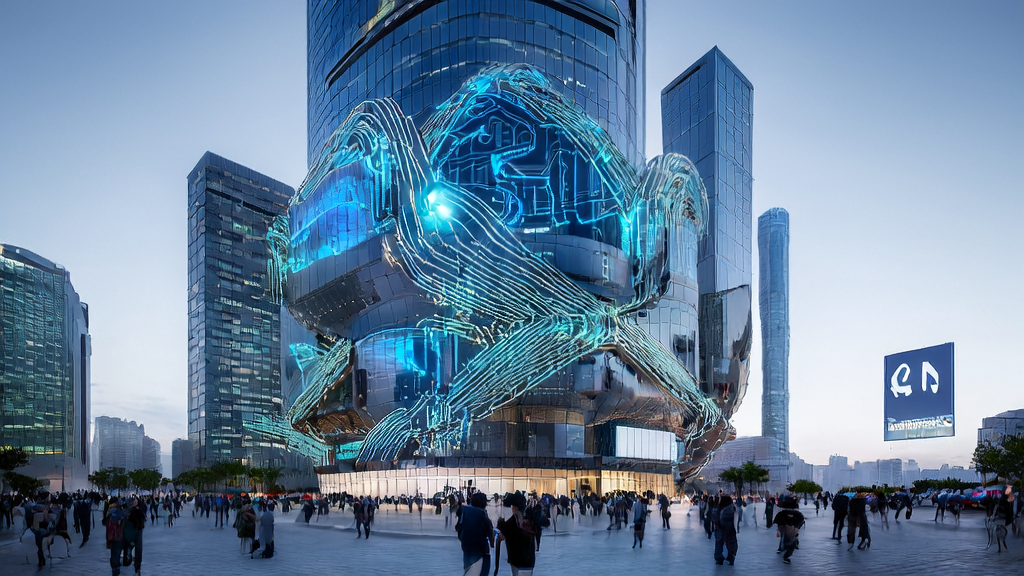 未来城市的现代化办公大楼前，人们通过智能设备浏览由AI优化的广告内容，背景是AI机器人雕塑和谷歌Jules的标志。