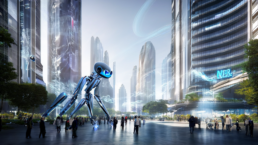 Embodied AI robot interacting with pedestrians in a futuristic city, showcasing the latest achievements in AI-optimized advertising