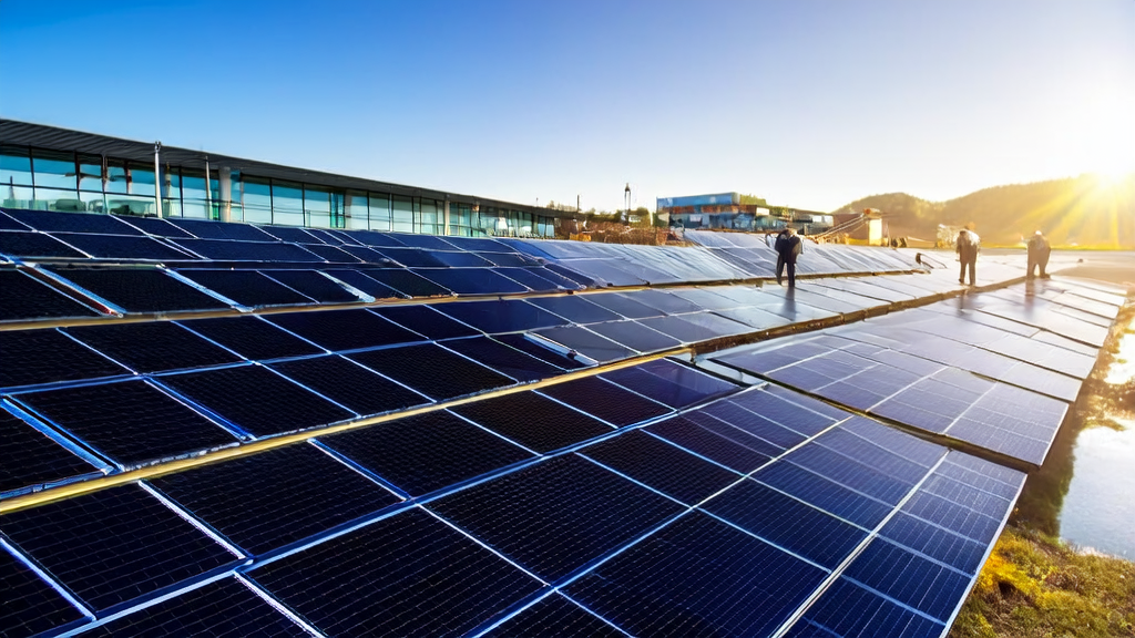 A vast photovoltaic power station bathed in sunlight, with engineers monitoring the system using smart devices, showcasing AI technology applications.