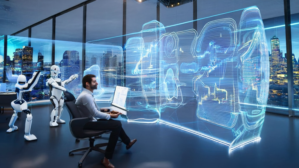 A futuristic office showcasing the application of AI acquisition technology, including data streams, customer profiles, and smart eBook parsing